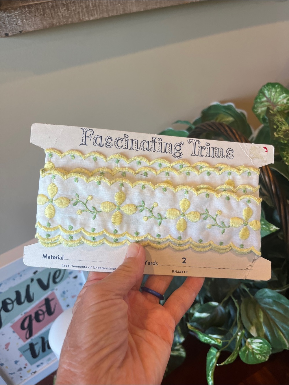 Vintage Fascinating Trims Yellow Embroidered Floral Scallop Trim
